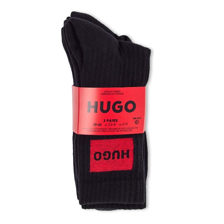Hugo Men's Black Bodywear 3 Pack Rib Patch Socks in Size 4 -8, Sports Direct