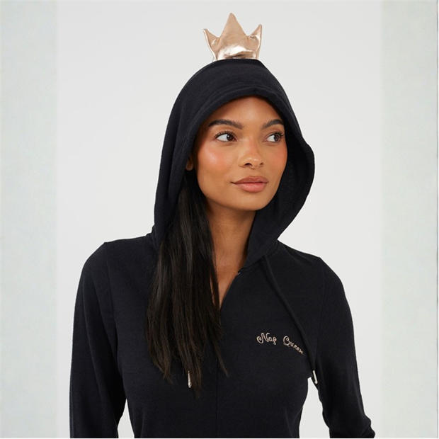Black/Rose Gold - Brave Soul - Womens Nap Queen Slim Fit Onesie with 3D Crown