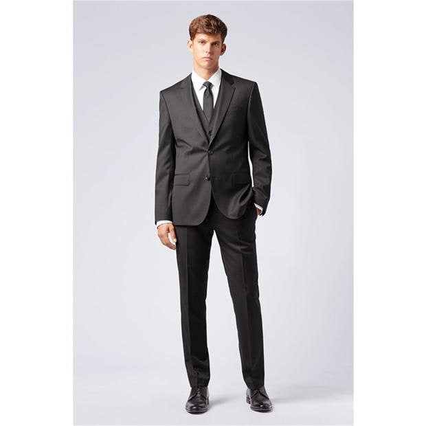 Black - Boss - Men's Herringbone Twill Gibson Italian Wool Trousers