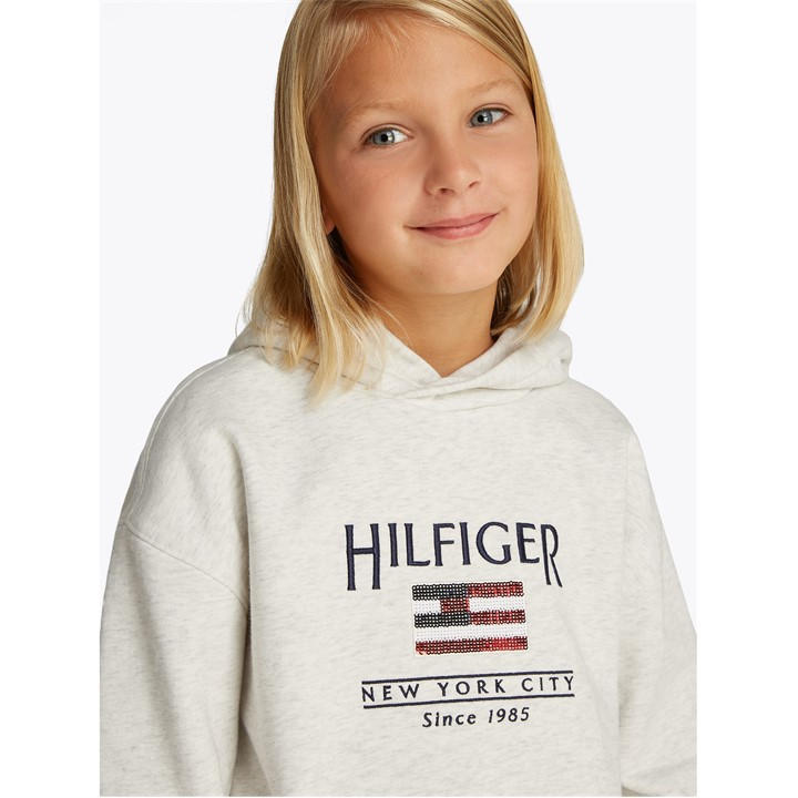 Tommy Hilfiger Girls Grey Kids' Sequin Flag Pull Over Hoodie in Size 14 - 16 Years, Sports Direct
