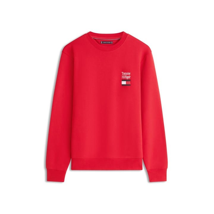 Tommy Hilfiger Men's Red Embro Flag Crew Sweatshirt in Size M, Sports Direct