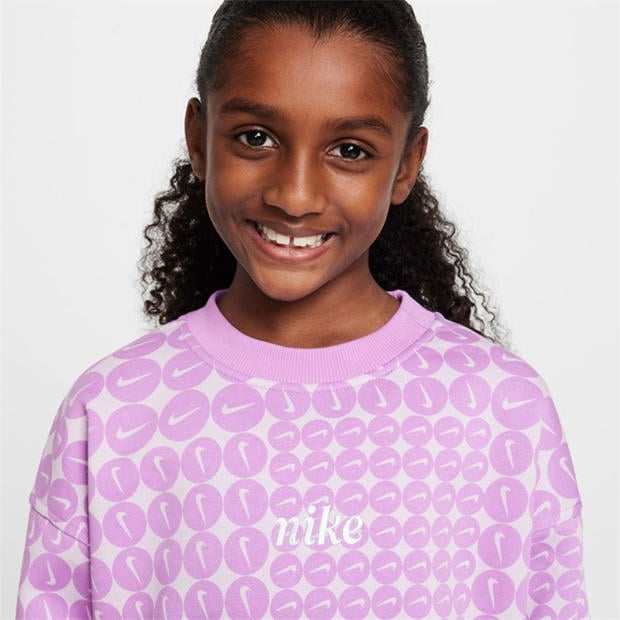 Rush Fuchsia/Wh - Nike - Kids' Club Fleece All-Over Print Oversized Crew Sweatshirt