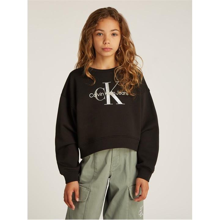 Calvin Klein Jeans Girls Black Kids' Glitter Monologo Cotton Crew Sweatshirt in Size 0 - 2 Years, Sports Direct