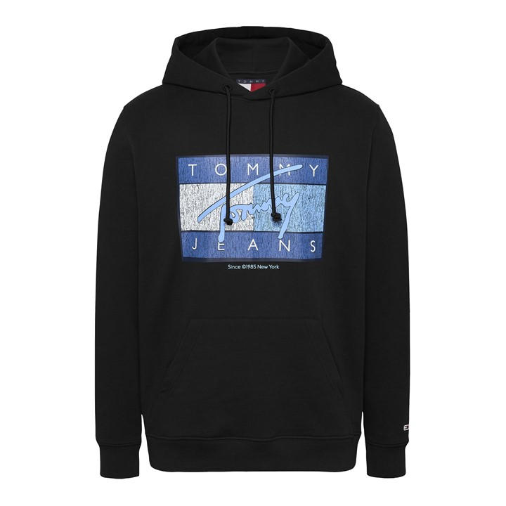 Tommy Jeans Men' Black Regular Flag Twist Pull Over Hoodie in Size S, Sports Direct