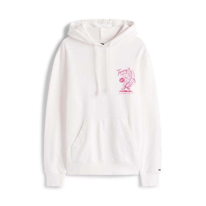Tommy Jeans Men's White Novelty Relaxed Fit Pull Over Hoodie in Size L, Sports Direct