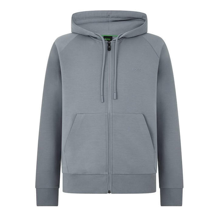 Boss Men's Grey Green Full-Zip Hoodie With Adjustable Drawstring Hood - Streamlined Design in Size L, Sports Direct