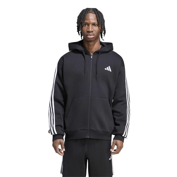Black/White - adidas - Essentials Fleece 3-Stripes Full-Zip Hoodie Mens