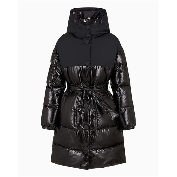 Черно - Armani Exchange - Women's Patent Fabric Hooded Long Sleeve Short Puffer Jacket