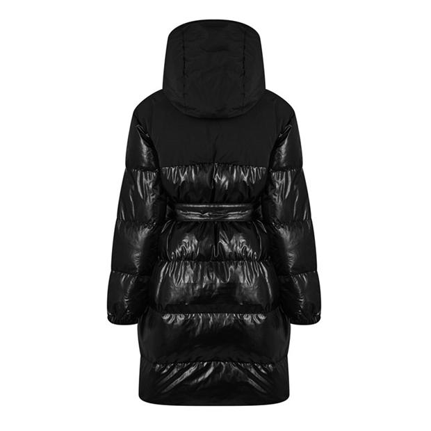 Черно - Armani Exchange - Women's Patent Fabric Hooded Long Sleeve Short Puffer Jacket