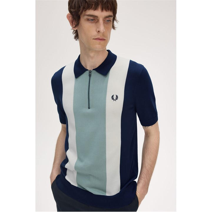 Fred Perry Men's Blue Vertical Stripe Zipped Short-Sleeve Polo Shirt in Size 2XL, Sports Direct