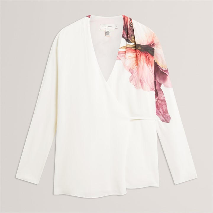 Ted Baker Women's Cream Print Detail Wrap Front Long Sleeve Blouse in Size 10, Sports Direct