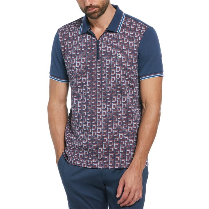 Original Penguin Men's Blue Jacquard Quarter-Zip Short-Sleeve Polo Shirt in Size M, Sports Direct