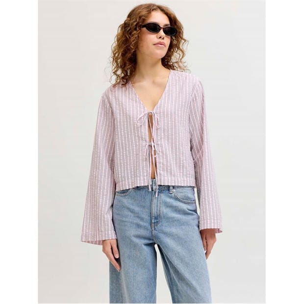 Pink Lady - JJXX - Women's Zoe Seersucker Long Sleeve Tie Blouse