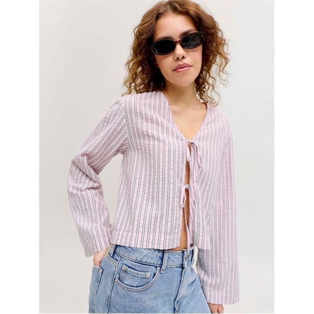 Pink Lady - JJXX - Women's Zoe Seersucker Long Sleeve Tie Blouse