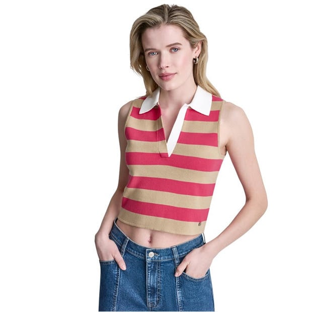 Travt/Punch/Wh - DKNY - Womens Striped Sleeveless Polo Sweater
