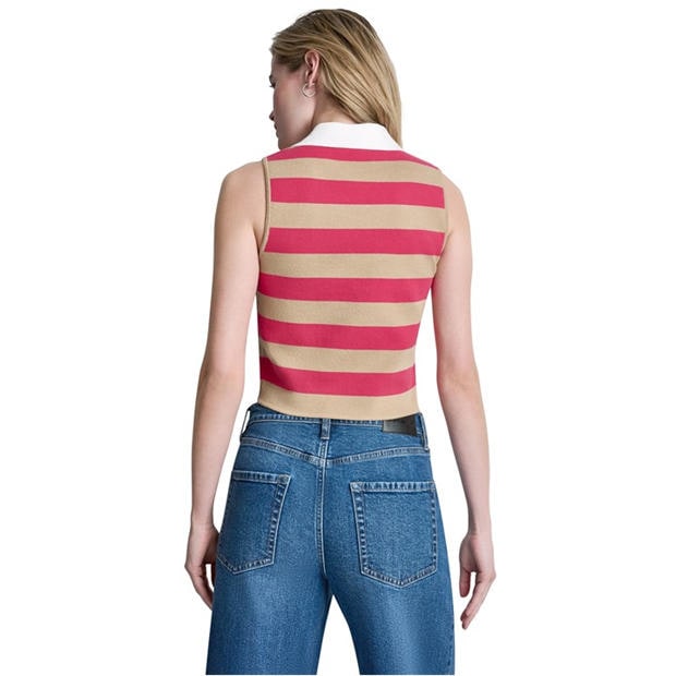 Travt/Punch/Wh - DKNY - Womens Striped Sleeveless Polo Sweater