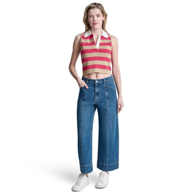 Travt/Punch/Wh - DKNY - Womens Striped Sleeveless Polo Sweater