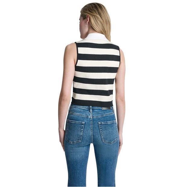 Blck/Eggnog/Wh - DKNY - Womens Striped Sleeveless Polo Sweater