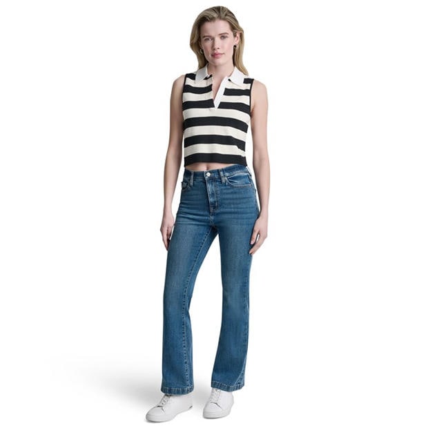 Blck/Eggnog/Wh - DKNY - Womens Striped Sleeveless Polo Sweater
