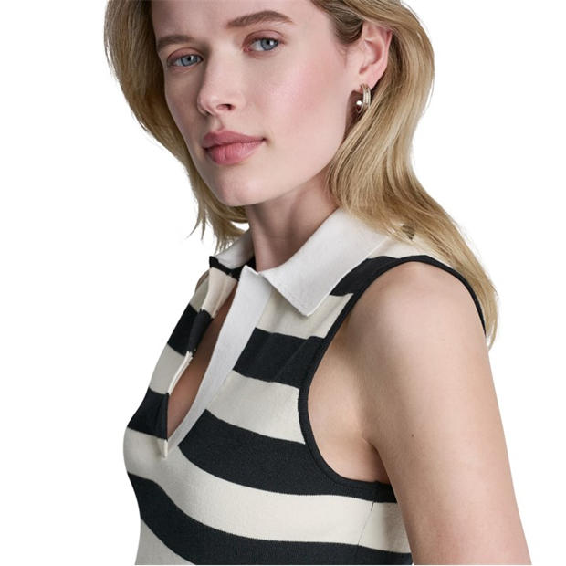 Blck/Eggnog/Wh - DKNY - Womens Striped Sleeveless Polo Sweater
