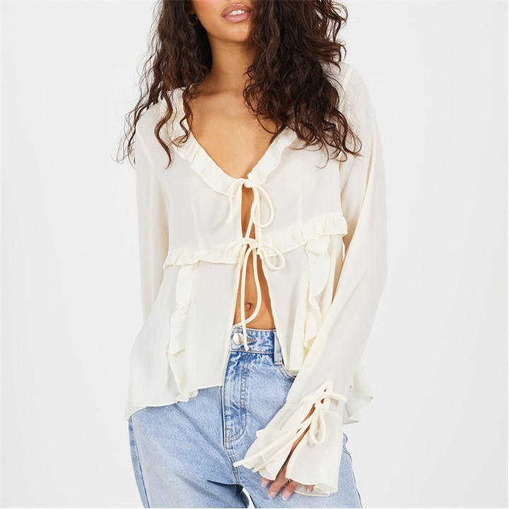 Brave Soul Women's Cream Bs Long Sleeve Frill Top With Front Tie Detail in Size 10, Sports Direct