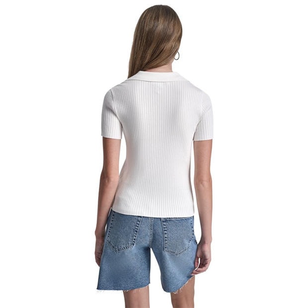 Ivory - DKNY - DKNY Jeans Short Sleeve Rib Polo W/ Logo Rhinestone Buttons