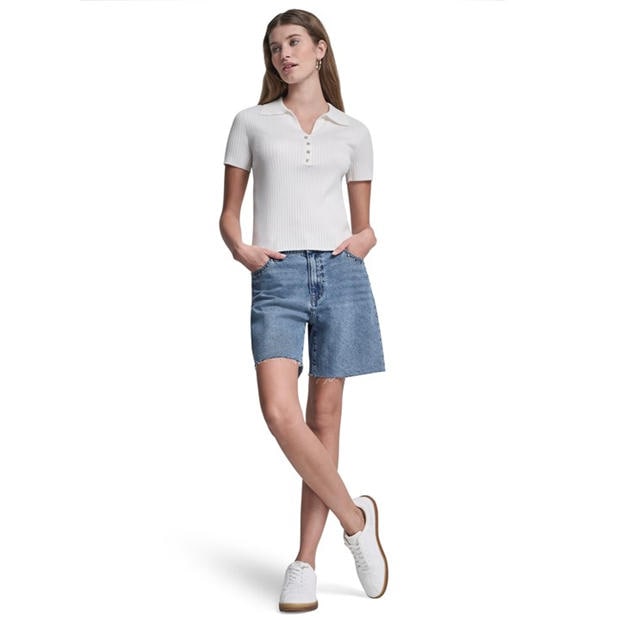 Ivory - DKNY - DKNY Jeans Short Sleeve Rib Polo W/ Logo Rhinestone Buttons