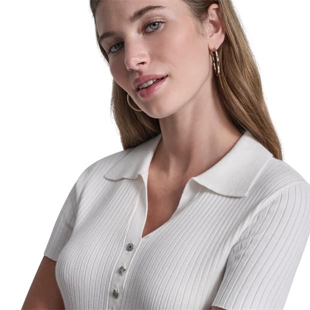 Ivory - DKNY - DKNY Jeans Short Sleeve Rib Polo W/ Logo Rhinestone Buttons