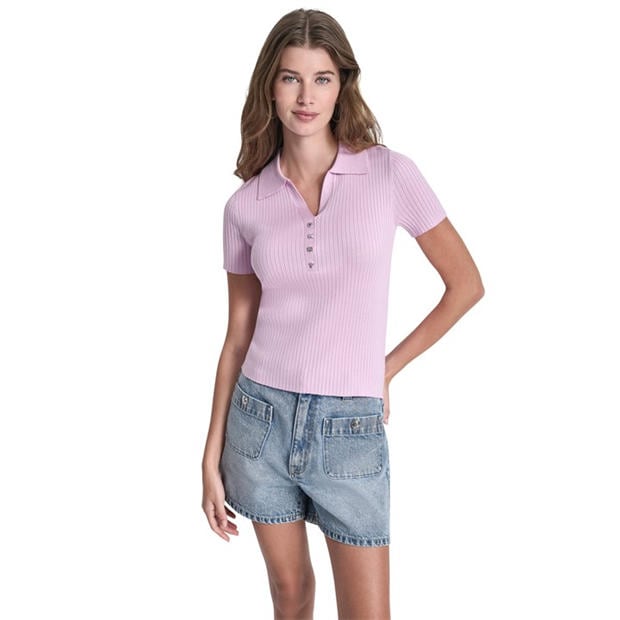 Pink Lavendar - DKNY - DKNY Jeans Short Sleeve Rib Polo W/ Logo Rhinestone Buttons