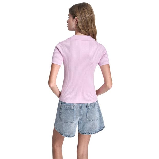 Pink Lavendar - DKNY - DKNY Jeans Short Sleeve Rib Polo W/ Logo Rhinestone Buttons