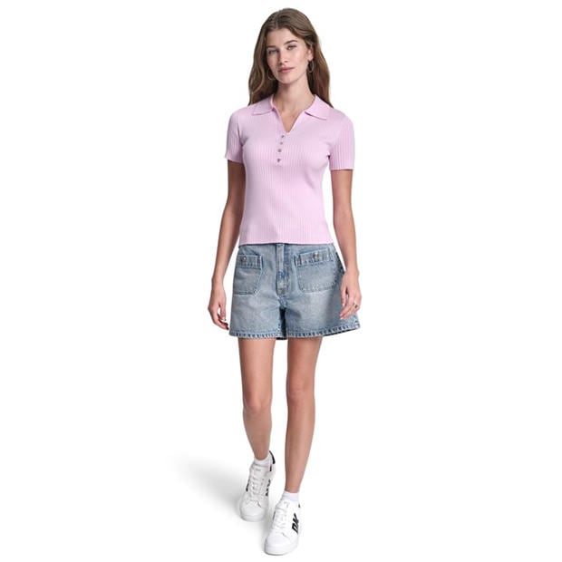 Pink Lavendar - DKNY - DKNY Jeans Short Sleeve Rib Polo W/ Logo Rhinestone Buttons