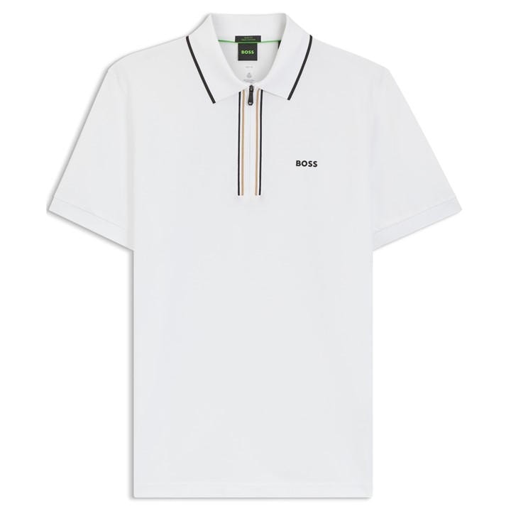 Boss Men's White Green Short Sleeve Zip Polo Shirt (Philix) in Size M, Sports Direct