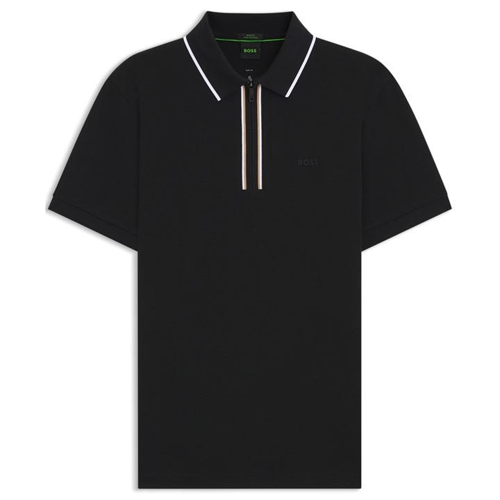 Boss Men' Black Green Short Sleeve Zip Polo Shirt (Philix) in Size S, Sports Direct