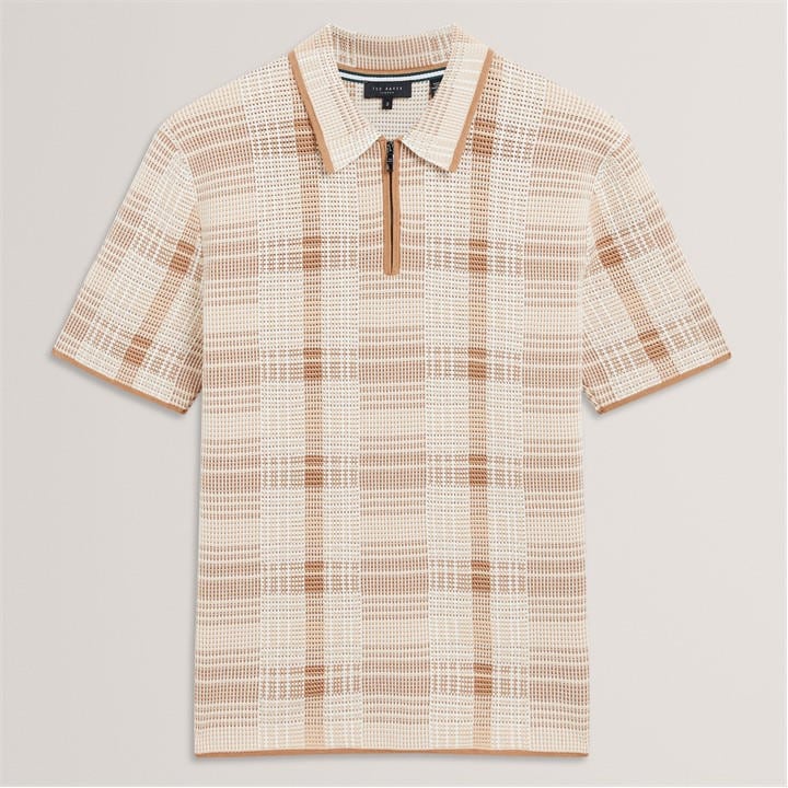Ted Baker Men's Nude Checked Zip Neck Cotton Knit Polo in Size 2XL, Sports Direct