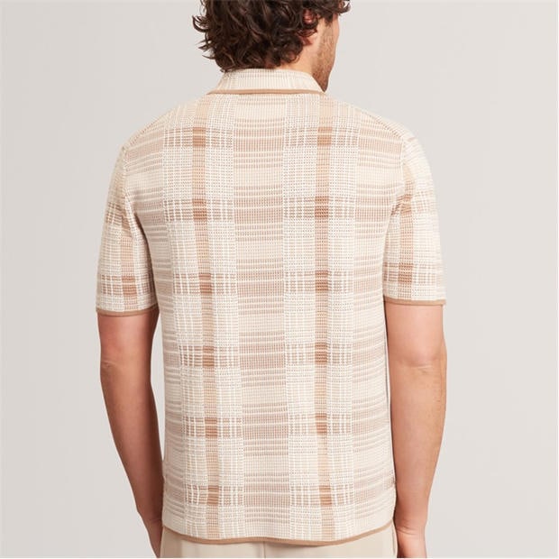TAUPE - Ted Baker - Mens Checked Zip Neck Cotton Knit Polo