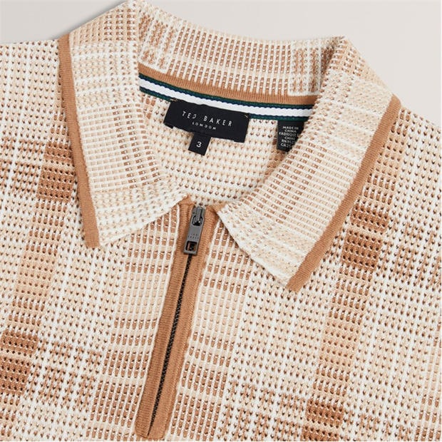 TAUPE - Ted Baker - Mens Checked Zip Neck Cotton Knit Polo