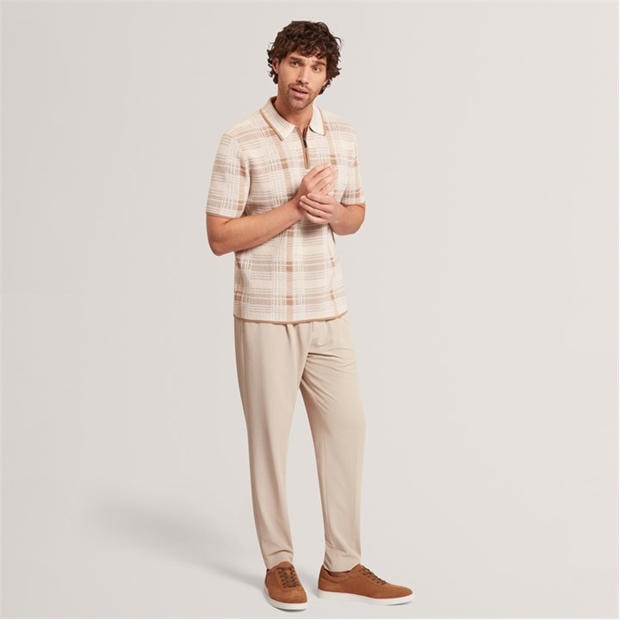TAUPE - Ted Baker - Mens Checked Zip Neck Cotton Knit Polo