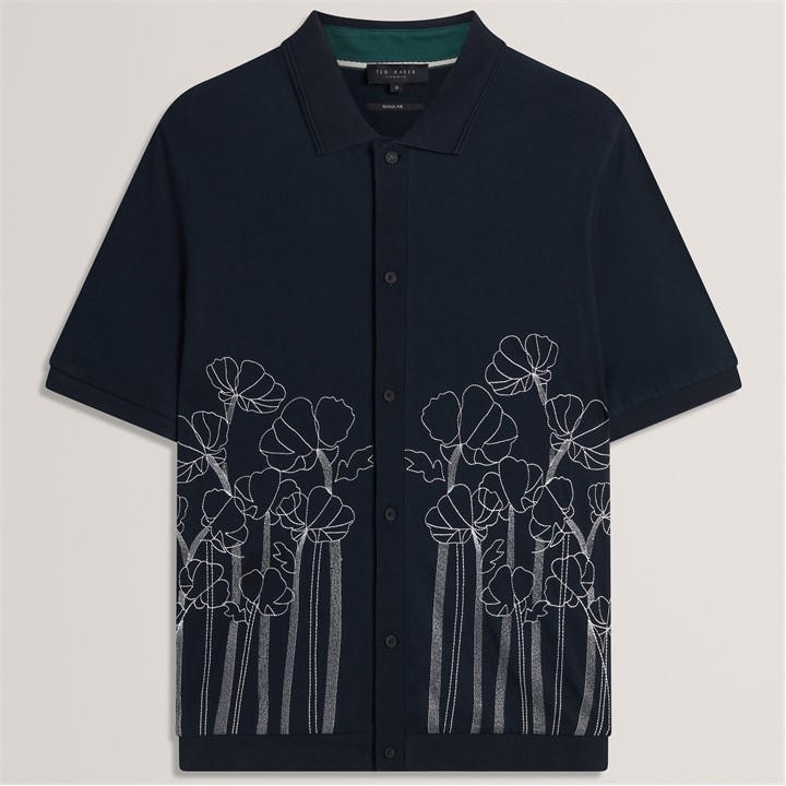 Ted Baker Men's Blue Embroidered Floral Pure Cotton Knit Shirt in Size XL, Sports Direct