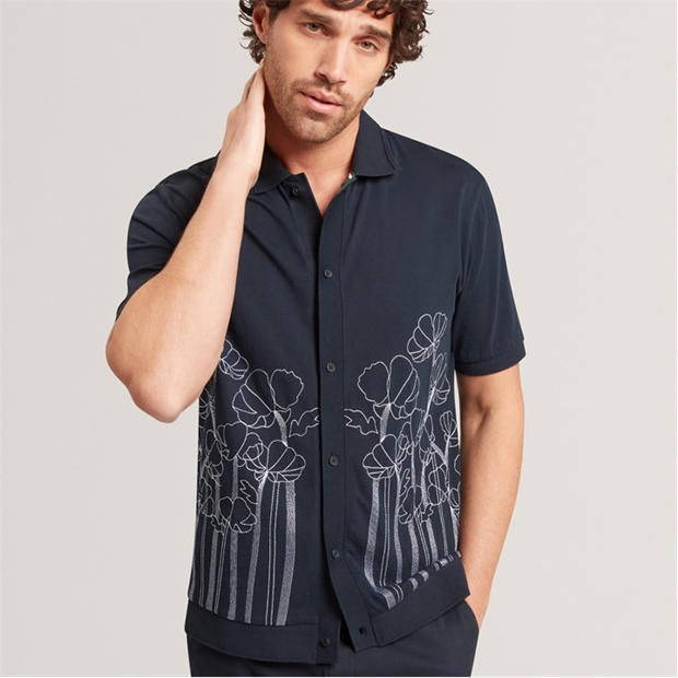 NAVY - Ted Baker - Mens Embroidered Floral Pure Cotton Knit Shirt