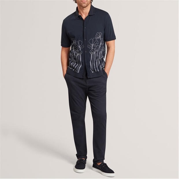 NAVY - Ted Baker - Mens Embroidered Floral Pure Cotton Knit Shirt
