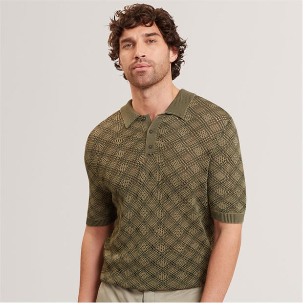 KHAKI - Ted Baker - Mens Geometric Open Knit Short Sleeve Polo