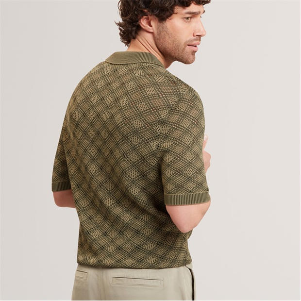KHAKI - Ted Baker - Mens Geometric Open Knit Short Sleeve Polo