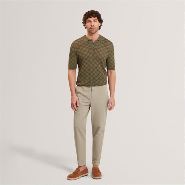 KHAKI - Ted Baker - Mens Geometric Open Knit Short Sleeve Polo