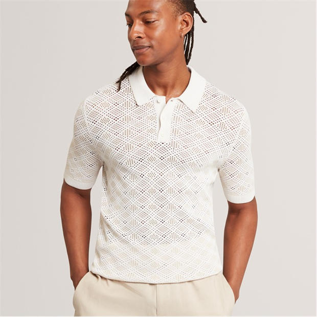 ECRU - Ted Baker - Mens Geometric Open Knit Short Sleeve Polo