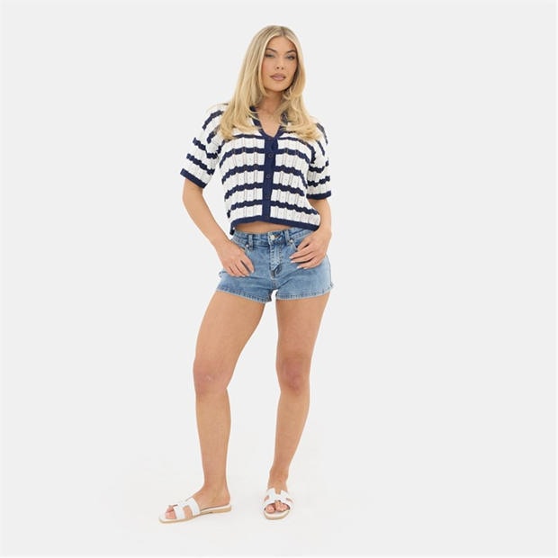 Navy / Cream - I Saw It First - Striped Crochet Button Top