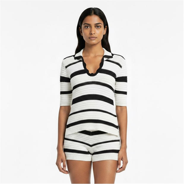 Cream/Black - I Saw It First - Knitted Polo Short Sleeve Top