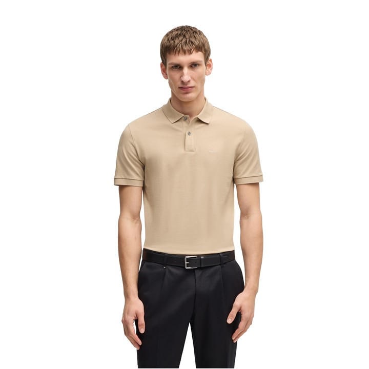 Boss Men's Beige Black Pallas Polo Iconic Logo Embroidered Shirt in Size M, Sports Direct