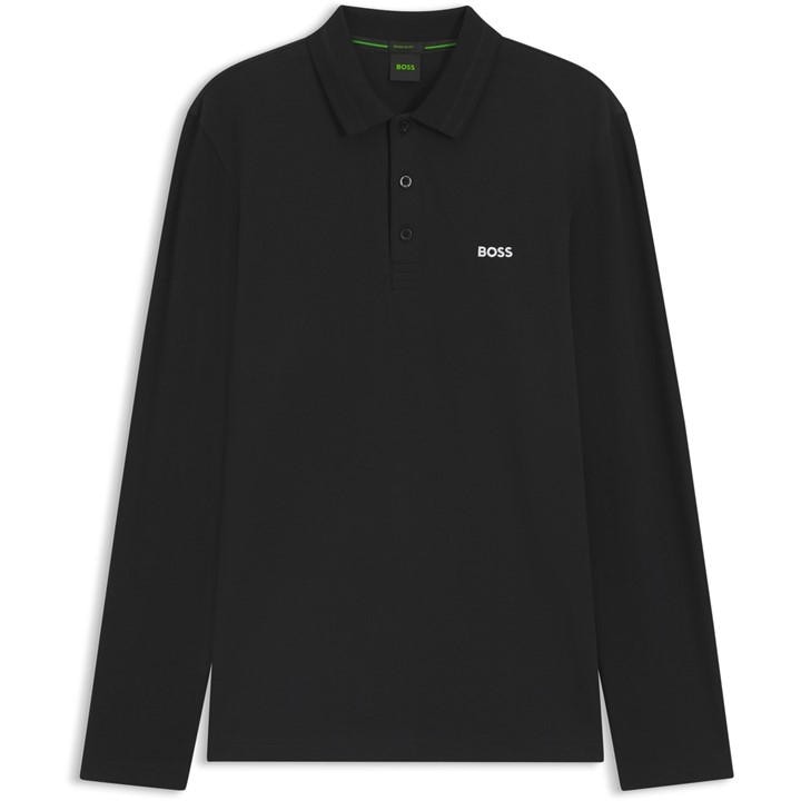 Boss Men' Black Green Long-Sleeve Polo Top With Logo Detail (Plisy) in Size S, Sports Direct