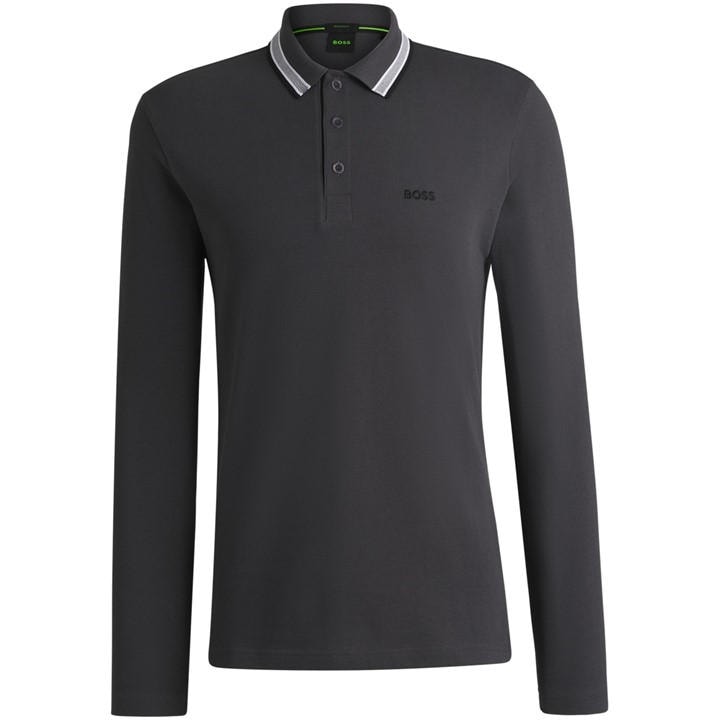 Boss Men's Grey Plisy Tipped Collar Cotton Long Sleeve Polo Shirt in Size L, Sports Direct