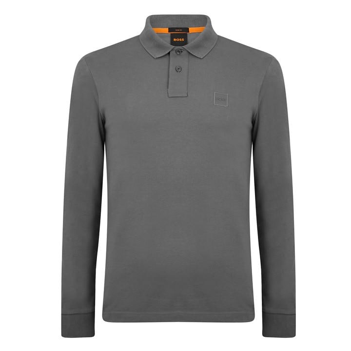 Boss Men's Grey Orange Passerby Premium Cotton Long Sleeve Polo Shirt With Logo Detail in Size M, Sports Direct